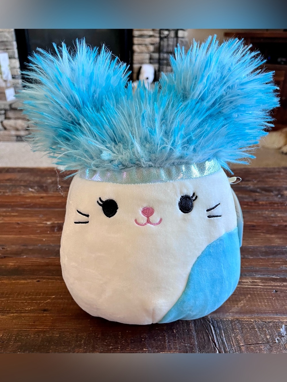 KellyToy Squishmellow Cora Calico Cat Squish-Doos Blue /White Fluffy Ears 10”NWT